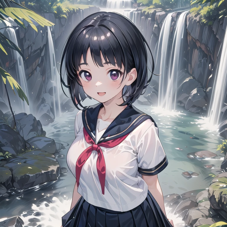最high quality, masterpiece, High resolution, Realistic, RAW Photos, 8k wallpaper, perfection, Thin arms、Very small waist、Beautiful Style、美しいThighs、Curved waist、((Very small breasts:1.5))、Shapely and soft breasts:1.2、Beautiful ass、Beautiful Eyes、Natural Skin、Ultra-fine face、Ultra-realistic、(8k), (最high quality: 1.2), (Realistic), (Realistic: 1.37), 超High resolution, cute, smile, Mouth closed, Beautiful details, Beautiful Nose, Brown short hair, short,Giant Dulcefo, Thighs,Self Snap,Sailor suit,,Pleated skirt,(Sitting:1), Sit on the ground,(Hold my feet:1),(Black knee-high socks),from the front,knees、Very detailed, high quality, 最high quality, High resolution、Skin wet with sweat、smile、