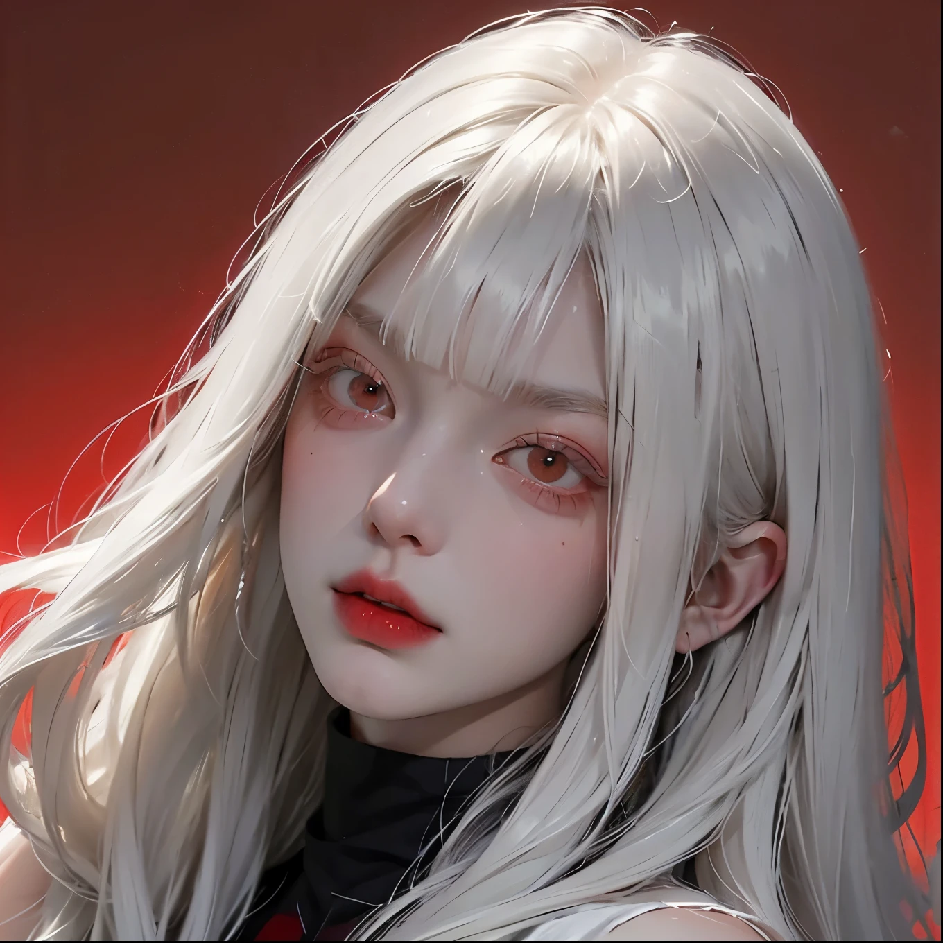 Analog style, RED eyes, white straight hair with straight bangs, red turtleneck , feminine, female, sexy, beautiful, BADASS, looks evil, cool, female fatale, ethereal , red background, Evil, menacingly , siren eyes, piercing eyes, intimidating , mature face, HOT