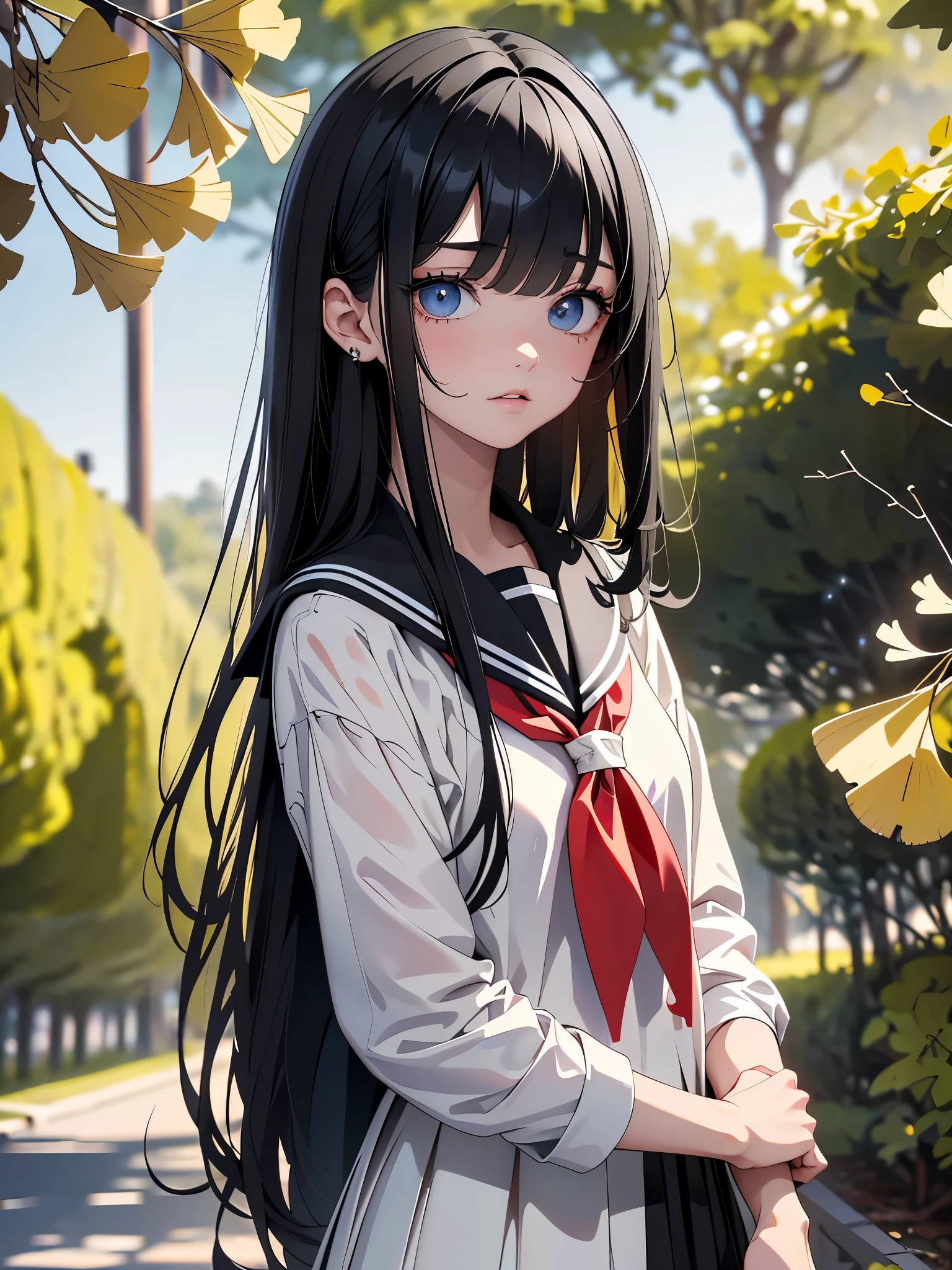 ((ultra high res)), ((masterpiece)), (highly detailed eyes and hair), One beautiful High school girl, (wears sailor suit:1.3), ((long black hair:1.4)), (bangs style is M bang), (narrow and sharp eyes:1.5), (eye color is red:1.3), (Ginkgo trees in the background:1.3), fantastic light production, best quality, photo-realistic, 8k, photon mapping, radiosity, physically-based rendering, automatic white balance, technological sense, illustration, CG, unity ,wallpaper, official art, Amazing, finely detail, an extremely delicate and beautiful, extremely detailed, highly detailed, sharp focus