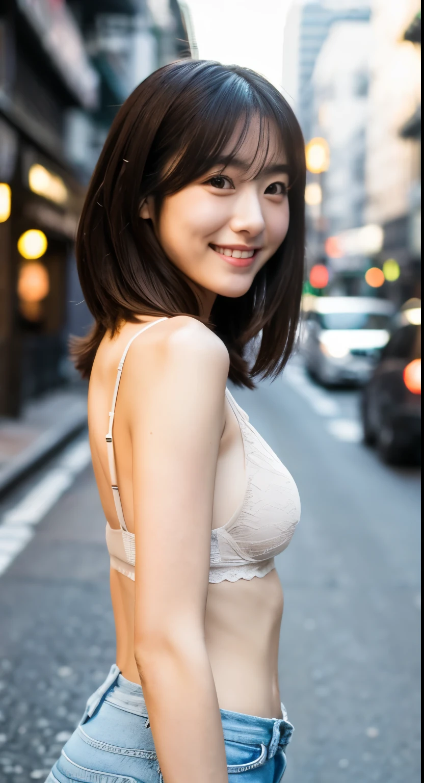 アイドルのようにvery cute、Cute and adorable、Young Faceに見える20歳の少女, Young Face、very cute、Smiling Kindly、In underwear、Walking the narrow backstreets of the city、Full body portrait、Whole body、 Natural light、Accurate、Anatomically correct、Textured skin、Super detailed、 Attention to detail、highest quality、High resolution、Genuine、realism、RAW Photos、Genuine、masterpiece