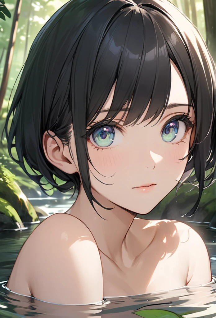 ((Highest quality)), ((masterpiece)), (detailed),((nymph)),10 years old, Black Hair,(Childish face), (Straight Hair), Girl ,Medium Breasts , ((Blue eyes)),shy-smile , ((Naked)),((topless)), Sunlight ,((close_up)), ((extreme_close_up)) , jungle, tropical rain forest, ((Rainy Weather)), Get wet,