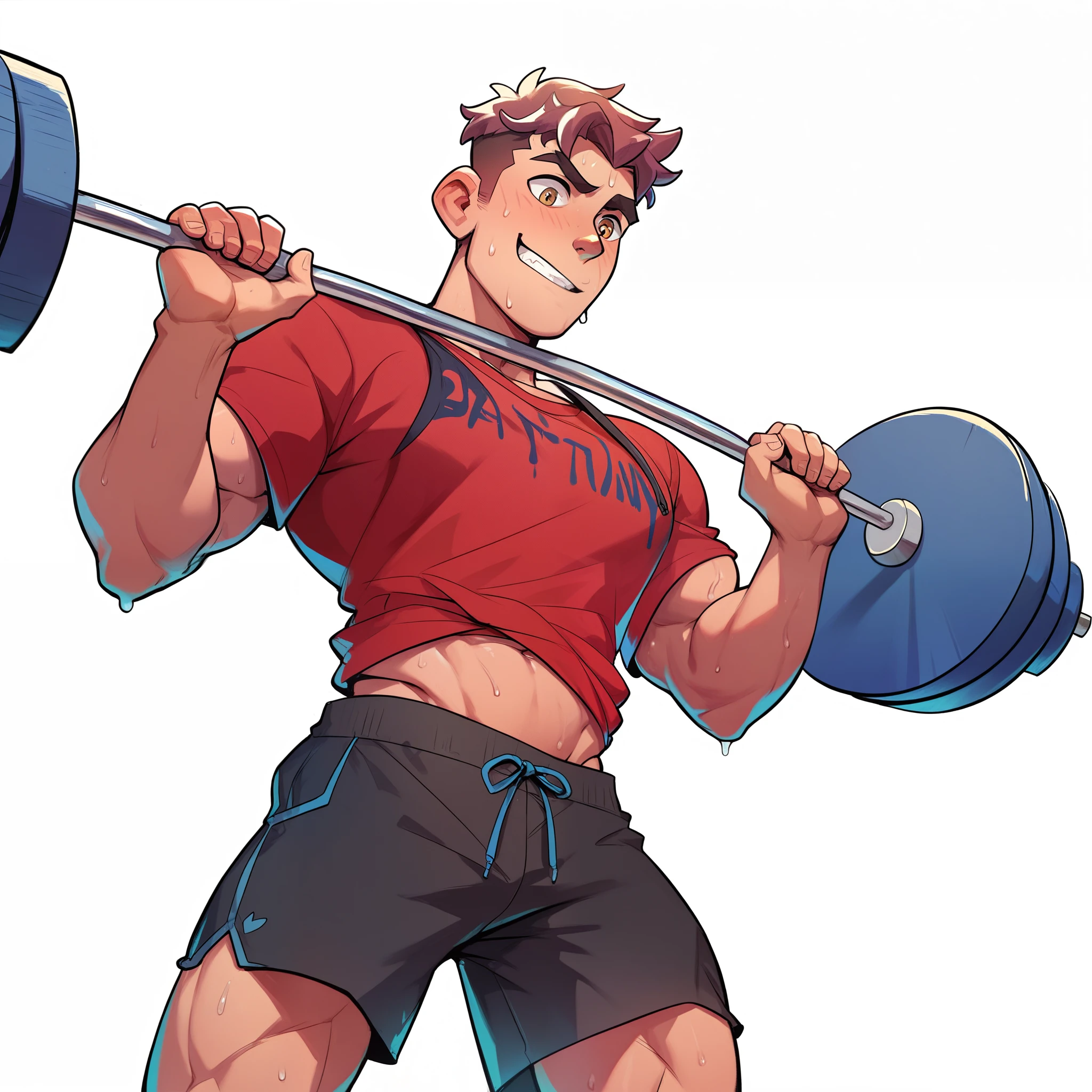 Highest accuracy,A muscular man wearing only shorts,Lift dumbbells for fitness,Full body front,Wear a vest on the upper body,Sweat profusely,Lower body erection,Lower body details,Thick pubic hair,The handsome face of youth,The expression is shy,Short white hair,Wear large headphones,The background is the gym,Background details are exquisite,Campus sports style