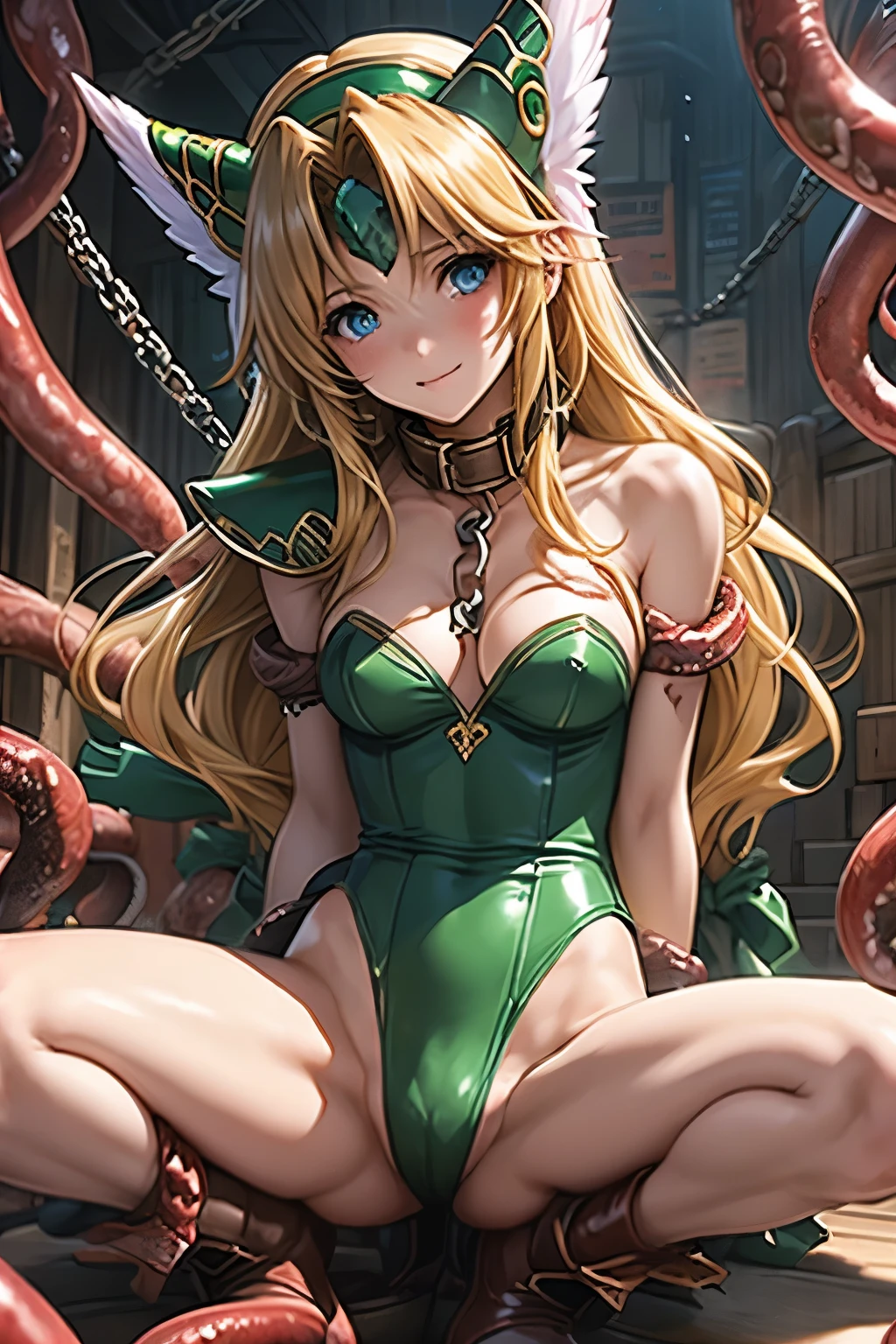 （（（ＳＦＷ、sound、Highest quality、first-clasasterpiece、Normal body、8k、Detailed face、Ultra-precision、Normal hand、Normal finger、５finger、Highest）））、Secret of Mana 3、lease、Blonde、Long Hair、Straight Hair、Hair ribbon、Torn Green Leotard、Torn slit skirt、Tattered leotard、defeat、Constraints、Bondage、ChainBondage、On all fours、On all foursでBIND、Spread your legs and bind、Collar、CollarChainRead、blush、Embarrassing、fear、shame、Estrus、Teary-eyed、prison、Imprisonment、Tentacles wrap around、Tentacles entangled、Tentacles invade the leotard、Tentacles milking、Cup-shaped tentacles stick to breasts、Tentacles sucking boobs、Boobs Vacuum、Nipple suction