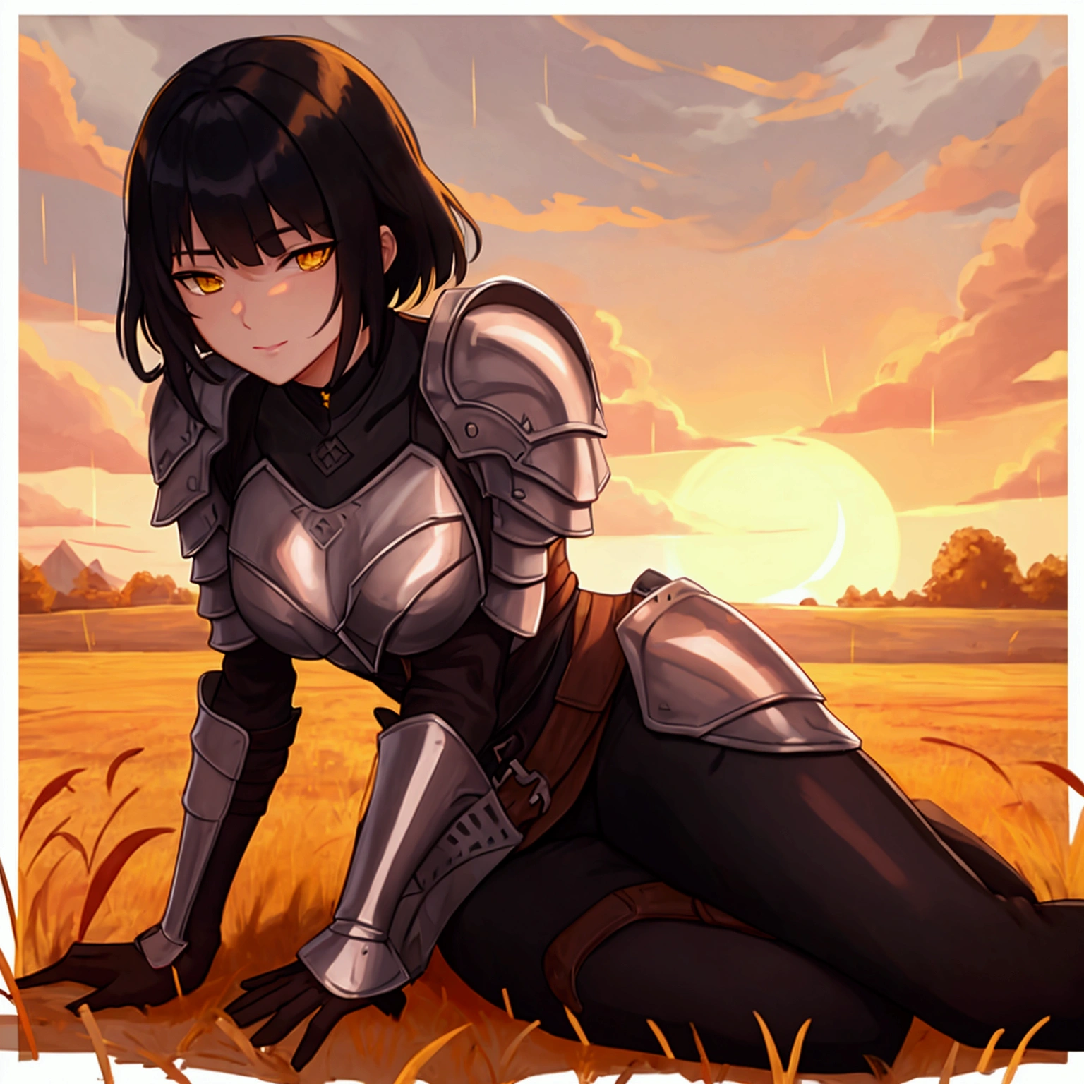 1.young woman, solo,  Dirty Knight Armor, Short hair Hair, blacklong bangs, yellow eyes, Patch on the right eye, wheat field, evening, orange sky, Yellow Sun, puddles, autumn, falling leaves, rain, clouds in the sky, steam from the mouth, sits on the ground, The knight&#39;s helmet and sword lie on the ground., black.