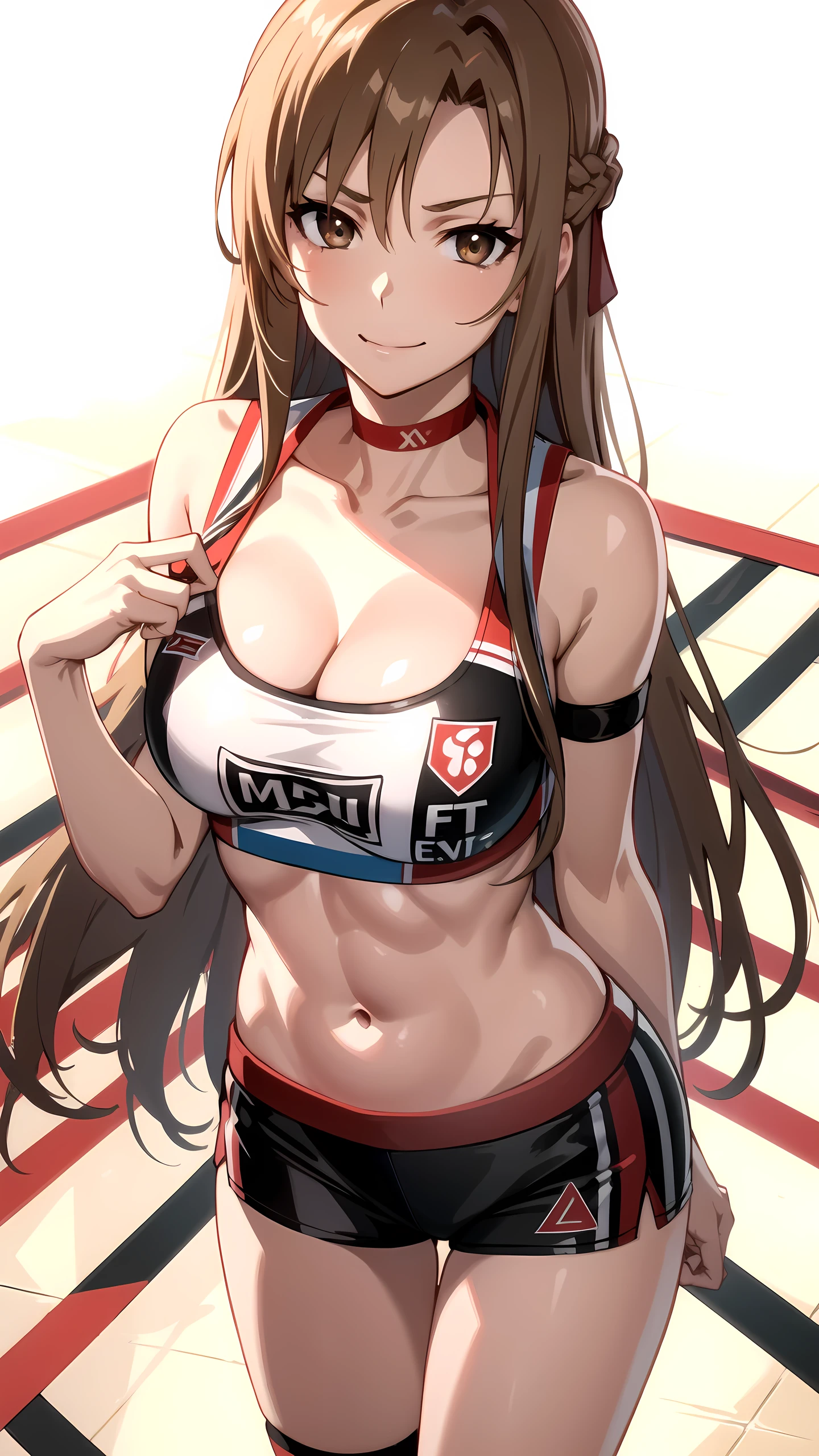 tall body, tall, long legs, mature female, mature, adult, Eft_sao_asuna, 1girl, long hair, asuna (sao), brown hair, brown eyes, solo, looking at viewer, bare shoulders, very long hair,medium breast, ,Ultra HD, Detailed eyes, Detailed face, (wearing MMA uniform:1.5, thigh, cleavage, Vertical belly button, slim abs),(on MMA Arena :1.5, realistic background), (fighting stance, duel),Toned stomach,cowboy shot, smirking, from above,