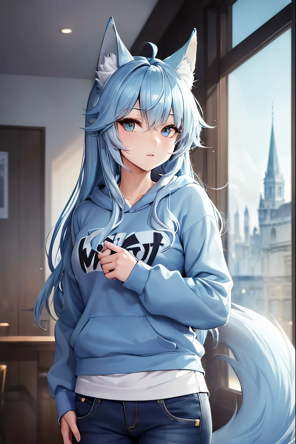 a short young petite humanoid girl with pale human skin and blue eyes and long blue hair and blue dog ears and a fluffy dog tail is wearing just an oversized black turtleneck sweater.