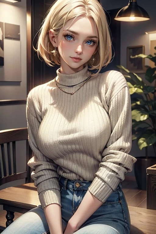 20 year old woman short blonde hair tender face blushing orange woolen sweater short plaid skirt