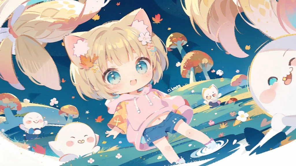 (Make it autumn themed:1.8),  (chibi:1.5), (only one girl:2.0), "kawaii, Cute, ((full body Esbian、Float on your side)), Adorable girl in pink, yellow, and baby blue color scheme. She wears sky-themed clothing with clouds and sky motifs. Her outfit is fluffy and soft, She embodies a vibrant and trendy Harajuku fashion style."[[[The body peels in a strange direction]]], blonde, (very short mash hair:1.5), (cat ears of the blonde color:1.5), (pink plain short-sleeved hoodie:1.5), short denim shorts, belly button exposed , sneakers, (turquoise eyes:1.5), flat chest, (big white flower hair ornament: 1.5), (Dynamic angle:1.6), dynamic pose, (solo: 1.2), (belly button exposed:1.2)