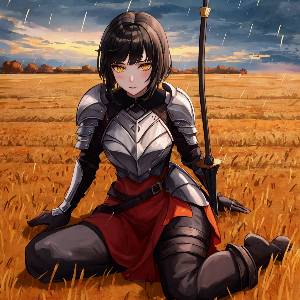 1.young woman, solo,  Dirty Knight Armor, Short hair Hair, blacklong bangs, yellow eyes, Patch on the right eye, wheat field, evening, orange sky, Yellow Sun, puddles, autumn, falling leaves, rain, clouds in the sky, steam from the mouth, sits on the ground, The knight&#39;s helmet and sword lie on the ground., black.