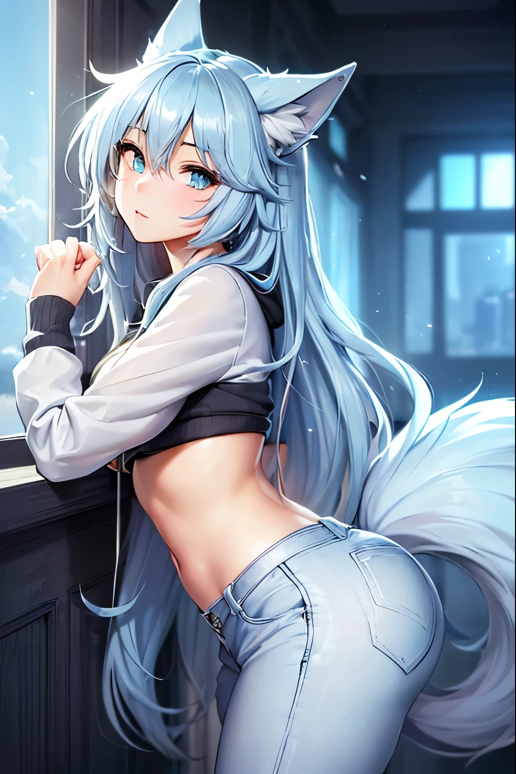 masterpiece,Top image quality,hight resolution,imagem 4k,Raw photo,Photorealsitic,{Solo},s girl,Embarrassment,Silver Short Bob,stare at each other,Wet,Blue eyes,小柄,tits out,Silver fox ears,Fox tail,Bathing in water,boyish,Naked shirt,hot onsen,small tits,s ass,