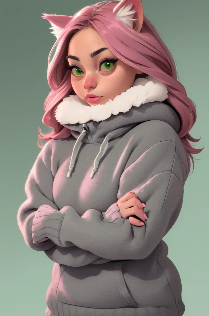 a cat wearing a hooded sweater, soft pink sweater, sage green background, charcoal cat, (best quality,4k,8k,highres,masterpiece:1.2),ultra-detailed,(realistic,photorealistic,photo-realistic:1.37),HDR,UHD,studio lighting,extreme detail description,professional,vivid colors,bokeh,portrait,cute cat,detailed feline features,adorable expression,soft fur texture,cozy sweater,gentle cat