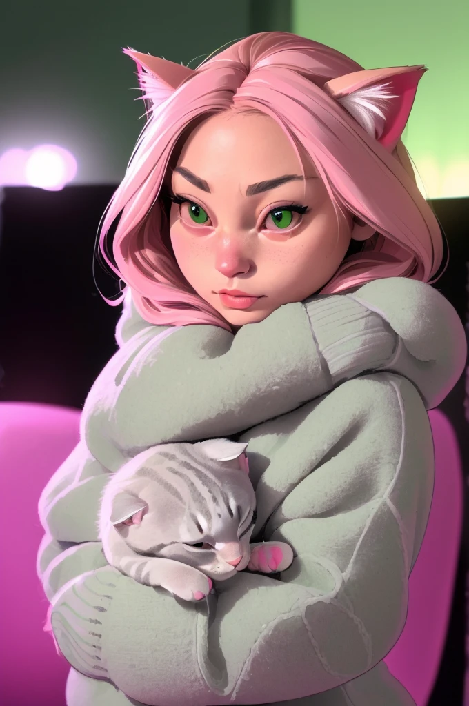 a cat wearing a hooded sweater, soft pink sweater, sage green background, charcoal cat, (best quality,4k,8k,highres,masterpiece:1.2),ultra-detailed,(realistic,photorealistic,photo-realistic:1.37),HDR,UHD,studio lighting,extreme detail description,professional,vivid colors,bokeh,portrait,cute cat,detailed feline features,adorable expression,soft fur texture,cozy sweater,gentle cat