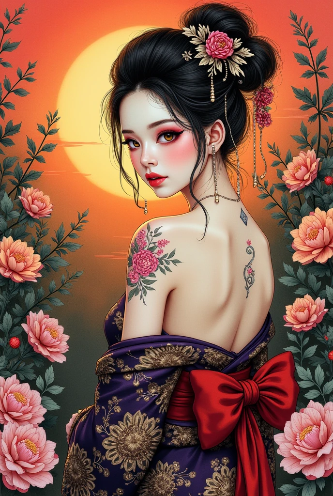 Female model with a curvaceous figure, is painted with delicate pink cherry blossoms cascading down her arms and across her back, symbolizing beauty and renewal. Her pose exudes confidence and grace, showcasing the harmony between her natural form and the floral artistry.