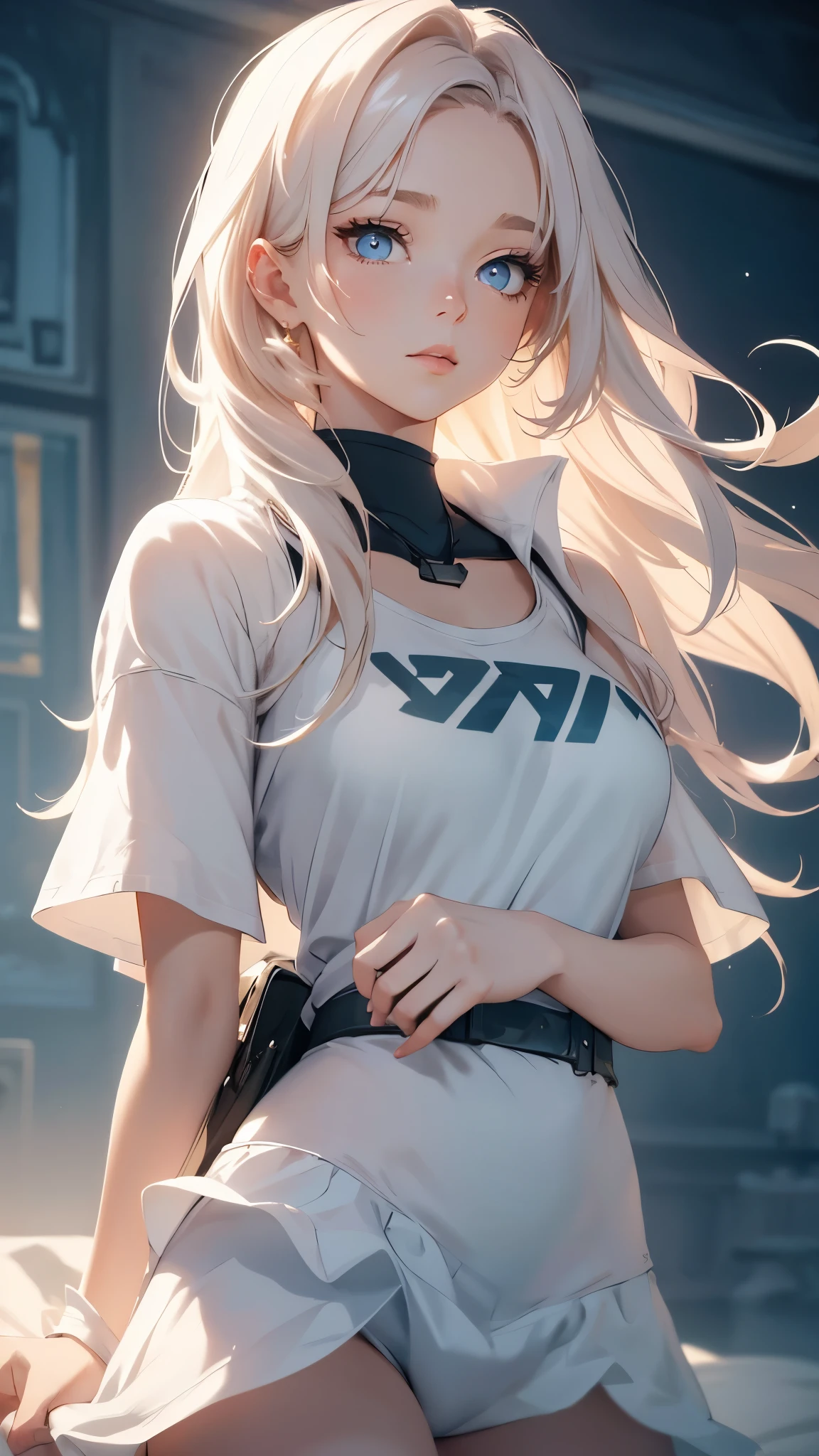 a beautiful girl levitating high in the sky, wearing only a long white t-shirt, camera angle from below, extremely detailed face and eyes, detailed lips, long eyelashes, 1girl, photorealistic, high quality, 8k, ultra-detailed, masterpiece, natural lighting, ethereal, glowing, soft colors, pastel, dreamy, fantasy