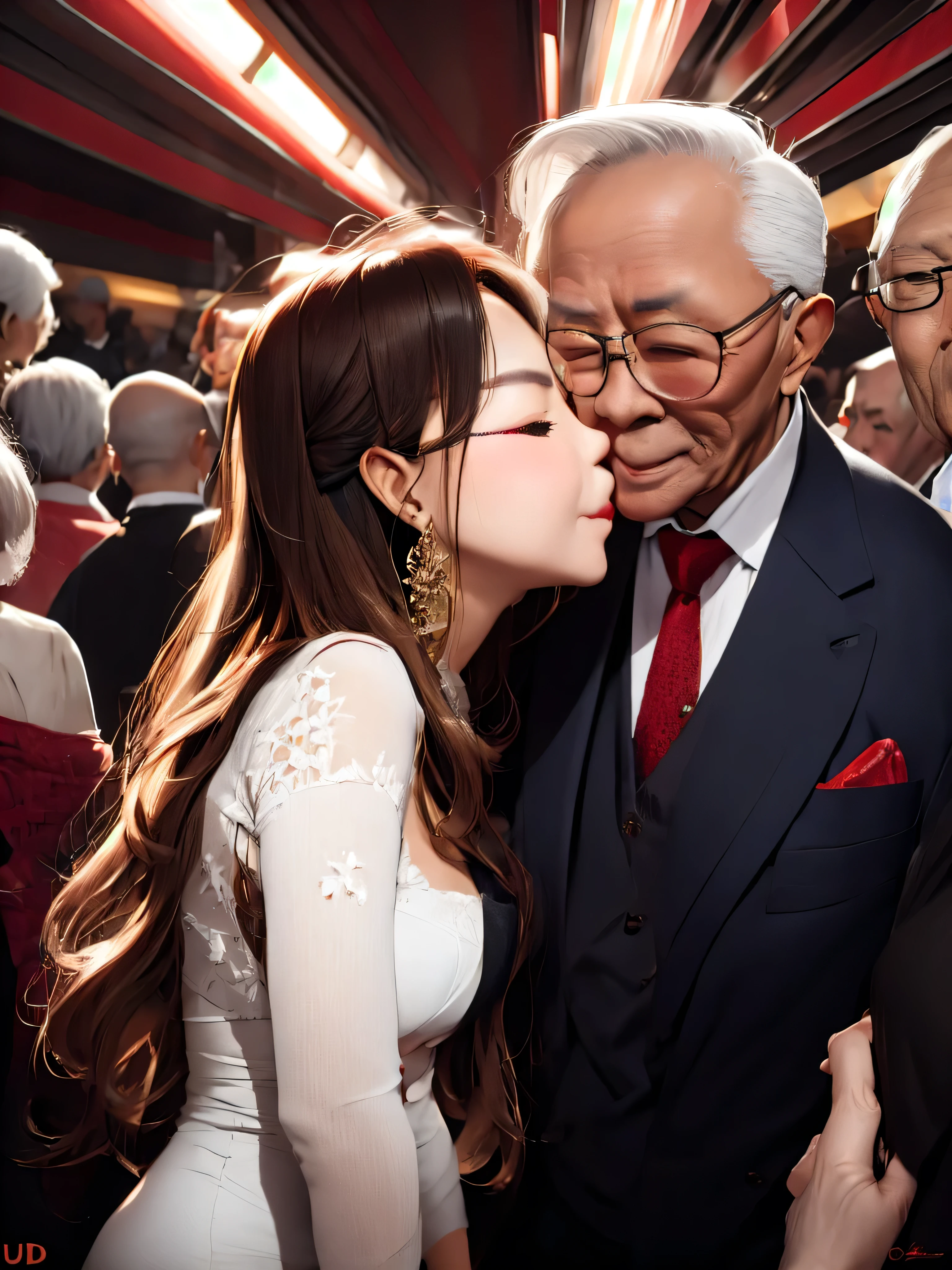 A beautiful woman wearing a revealing dress, kissing her elderly husband in the crowded crowd, UHD, masterpiece, textured skin, super detail, best quality, 8k.