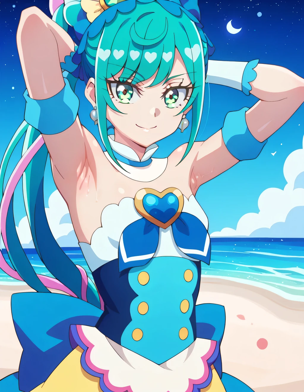 curespicy, shiny skin, high quality, small breast, solo, night sky, beach, arms behind head, {contrapposto}, closed mouth, spread armpits, cowboy shot, looking at viewer, smile, best quality,