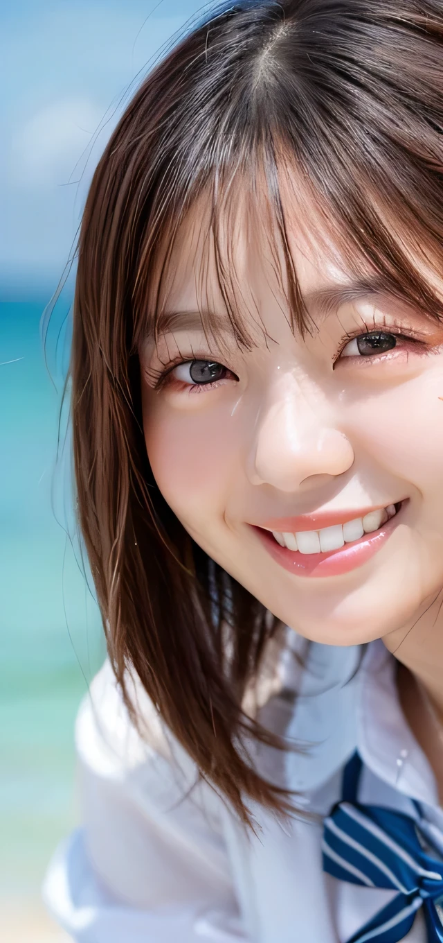 beach, sunset, soft lighting, closeup portrait photo of a cute idol in a swimsuit, playful pose, smiling, vibrant colors, photorealistic, high detail