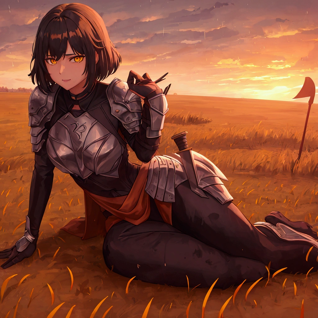 1.young woman, solo,  Dirty Knight Armor, Short hair Hair, blacklong bangs, yellow eyes, Patch on the right eye, wheat field, evening, orange sky, Yellow Sun, puddles, autumn, falling leaves, rain, clouds in the sky, steam from the mouth, sits on the ground, The knight&#39;s helmet and sword lie on the ground., black.Точность, Высокое качество.