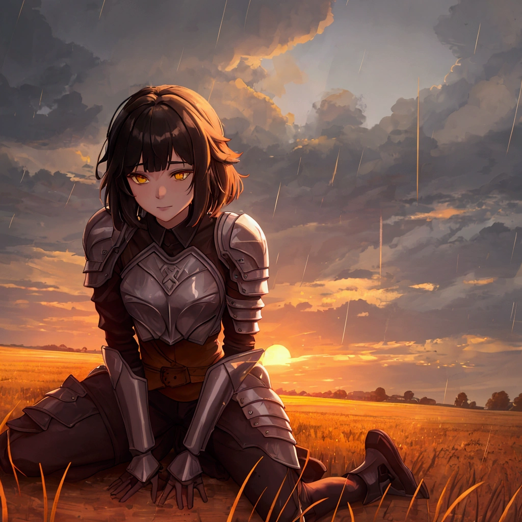 1.young woman, solo,  Dirty Knight Armor, Short hair Hair, blacklong bangs, yellow eyes, Patch on the right eye, wheat field, evening, orange sky, Yellow Sun, puddles, autumn, falling leaves, rain, clouds in the sky, steam from the mouth, sits on the ground, The knight&#39;s helmet and sword lie on the ground., black.Точность, Высокое качество.