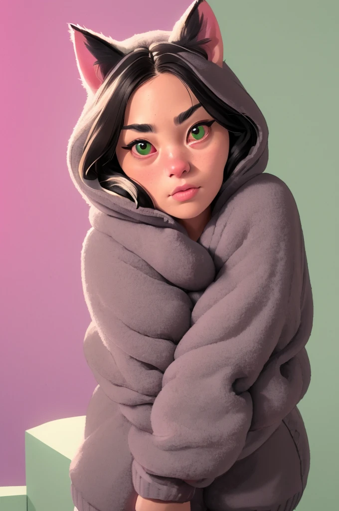 a cat wearing a hooded sweater, soft pink sweater, sage green background, charcoal cat, (best quality,4k,8k,highres,masterpiece:1.2),ultra-detailed,(realistic,photorealistic,photo-realistic:1.37),HDR,UHD,studio lighting,extreme detail description,professional,vivid colors,bokeh,portrait,cute cat,detailed feline features,adorable expression,soft fur texture,cozy sweater,gentle cat