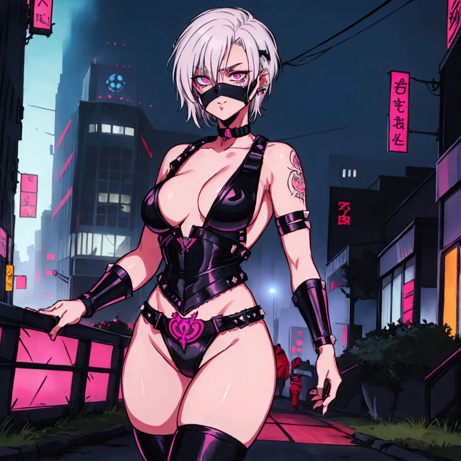 1 girl, solo, Cyber Ninja, Short hair Hair, medium breasts, pink eyes, white hair, Half-mask, tattoo, Gothic, punk, middle thighs, city, revealing outfit, body piercing, Escape, Evil look, studded choker around the neck.Точность, Высокое качество.