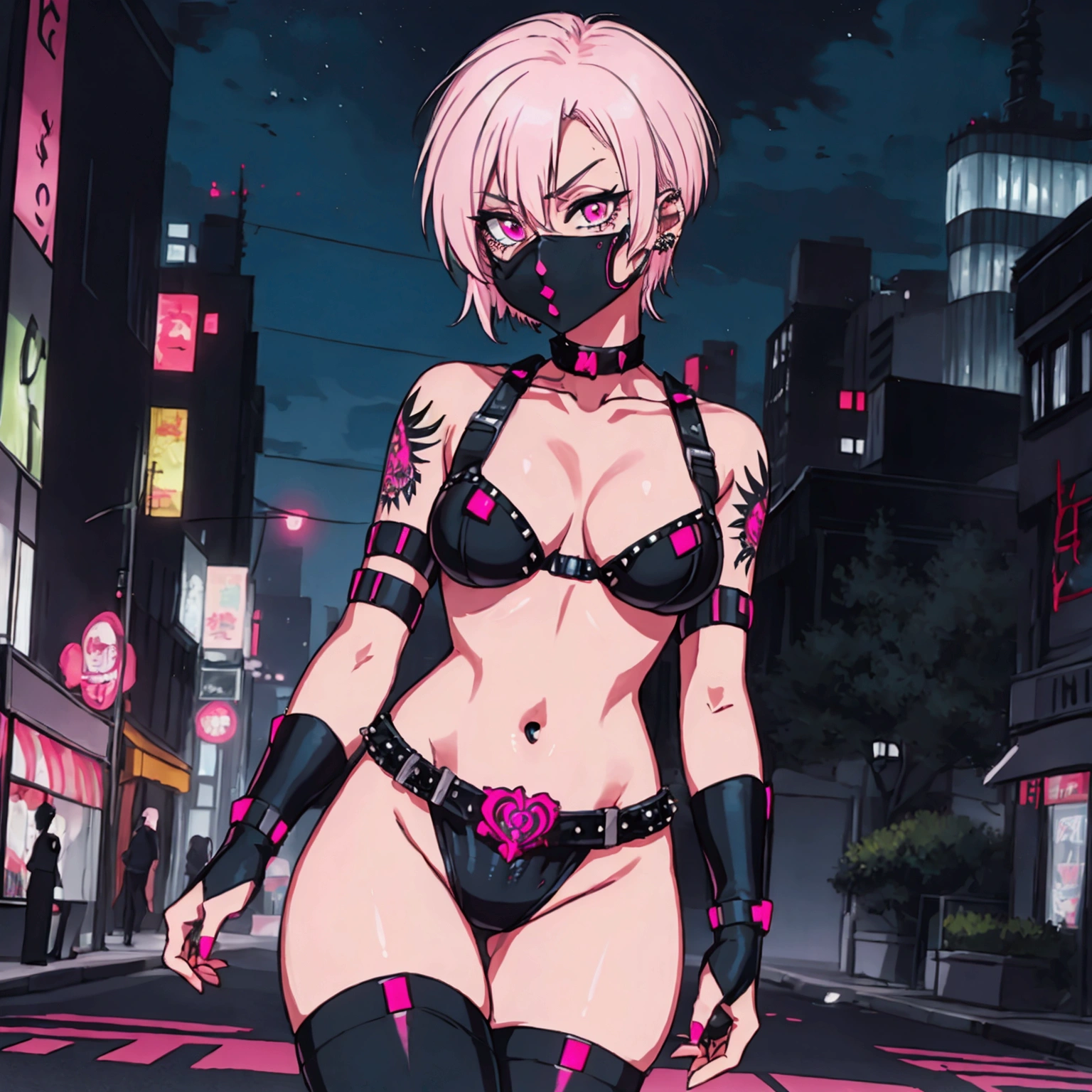 1 girl, solo, Cyber Ninja, Short hair Hair, medium breasts, pink eyes, white hair, Half-mask, tattoo, Gothic, punk, middle thighs, city, revealing outfit, body piercing, Escape, Evil look, studded choker around the neck.Точность, Высокое качество.