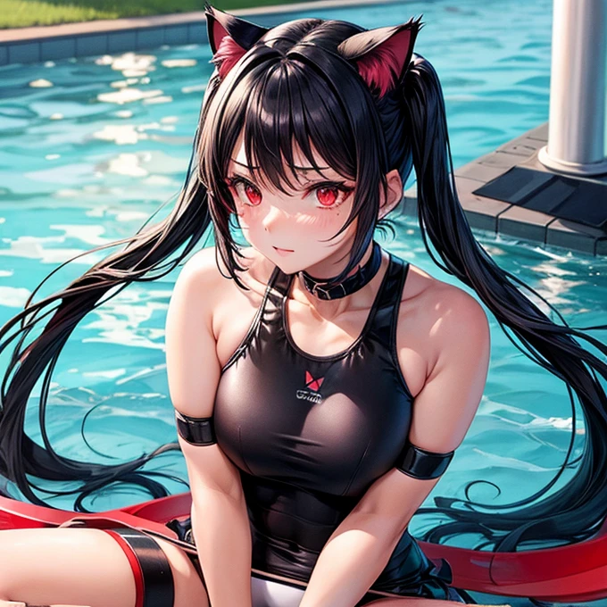 A dark-haired, poneyTail,japanes, gloves ,swim wears