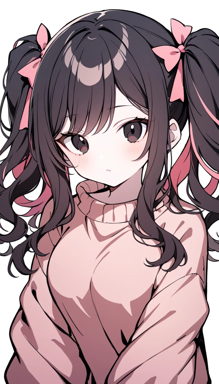 1 Girl, Medium Breasts, Raven Black Hair, Light Red Highlights In Hair, Twin tail Hair Style, Pink Ribbons In Hair, Long Hair, Light Red And Black Eyes, Pale Skin, Smooth Skin, Soft Features, Nice Lips, Cute Face, Cute Pink Baggy Sweater, 