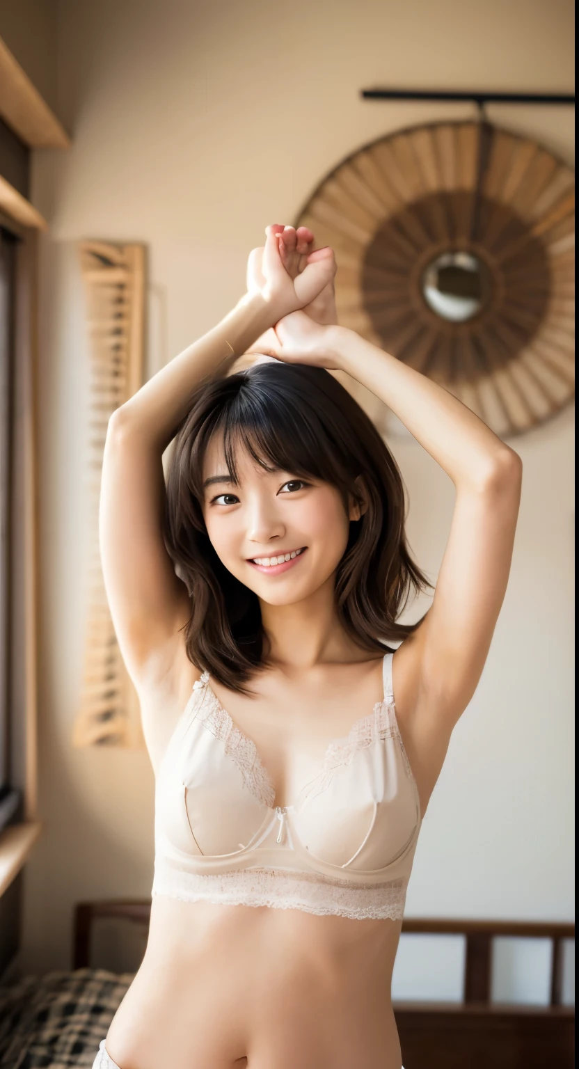 (one girl:1.3), Short hair, Japanese high-school student, Amazing face and eyes, Looking at the camera, Smile full of joy、show teeth、Raise your hands behind your head、Show the armpits、(red dress:1.2), (Best Quality:1.4), extremely detailed CG unified 8k wallpaper, Highly detailed, High-definition raw color photos, professional photograpy, Realistic full-body shots, Filming in the studio、Plain wallpaper, sexy portrait of girl, Open exterior, (from below:1.3), (looking down, watching at Viewer:1.7),