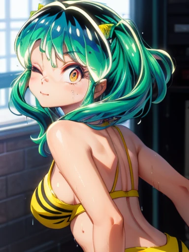 Invaders of Ram, 1 girl, late teens, one eye closed, shy, erotic expression, staring at viewer, big, wet, sweat, best quality, ultra high definition, maximum resolution, super detailed, anime, ass, girl, very cute, medium hair, green hair, hair ribbon, hairpin, colored eyes, yellow and black bikini, big ass, big breasts