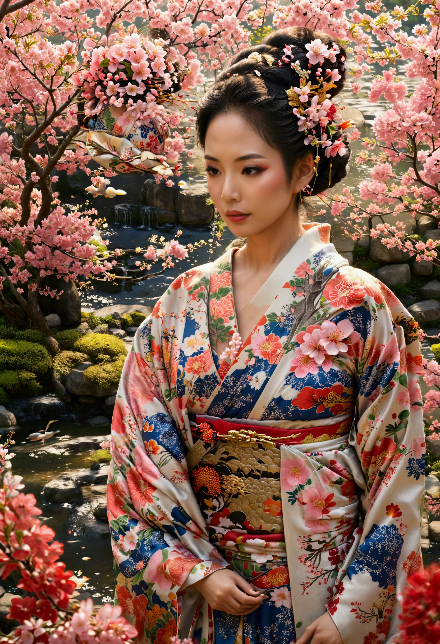 Create a stunning painterly scene of a traditional Japanese garden, lush with vibrant cherry blossoms, serene koi ponds, and gracefully curved stone paths. In the center, depict in close up an ultra-beautiful Japanese woman in an intricately patterned kimono, her hair elegantly styled with delicate hairpins. The soft sunlight filters through the trees, casting dappled shadows and highlighting the intricate details of her attire. The overall atmosphere should evoke tranquility and harmony, celebrating the beauty of nature and culture in a dreamlike setting.