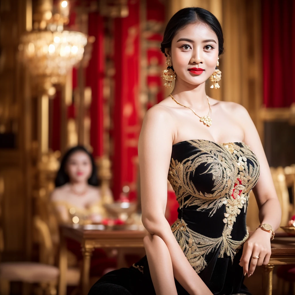 photography, gadis_jelita, portrait of woman wearing kebaya_bali in black long kebaya dress traditional, red lipstick, golden necklace, earrings, ornate, detail, flowers, blurry background, soft focus