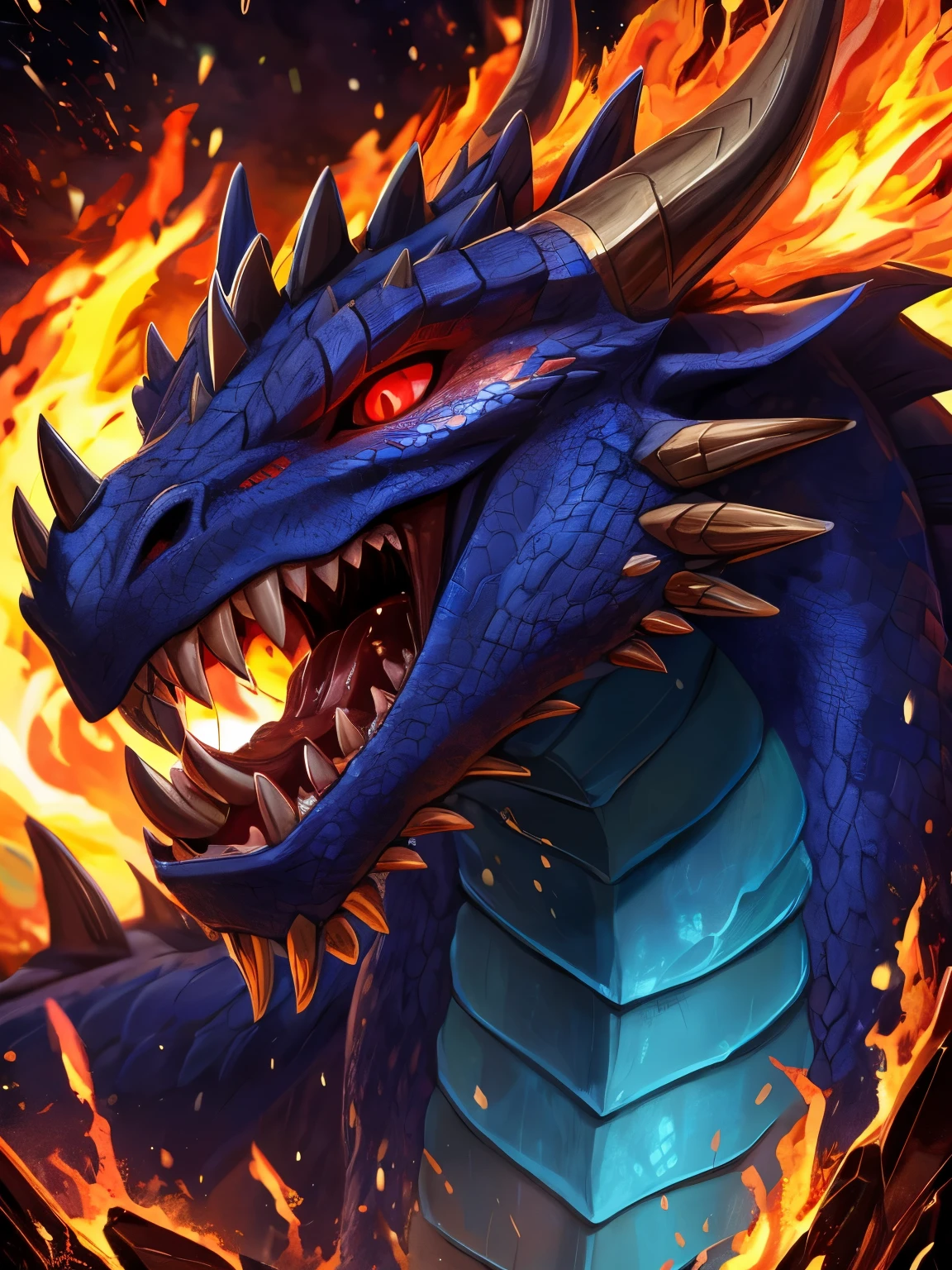 (Dragon Sky Dolphin) and (Sharp red eyes),closeup release (fire de sangre) Through the nose,Volume scale,high quality,8K,Many details,paticulas de fire,well,4 Patas,Spotted claws,Air,Danger,fire,Sharp Teeth,Dragon,huge,threaten,momentum,Blue scales