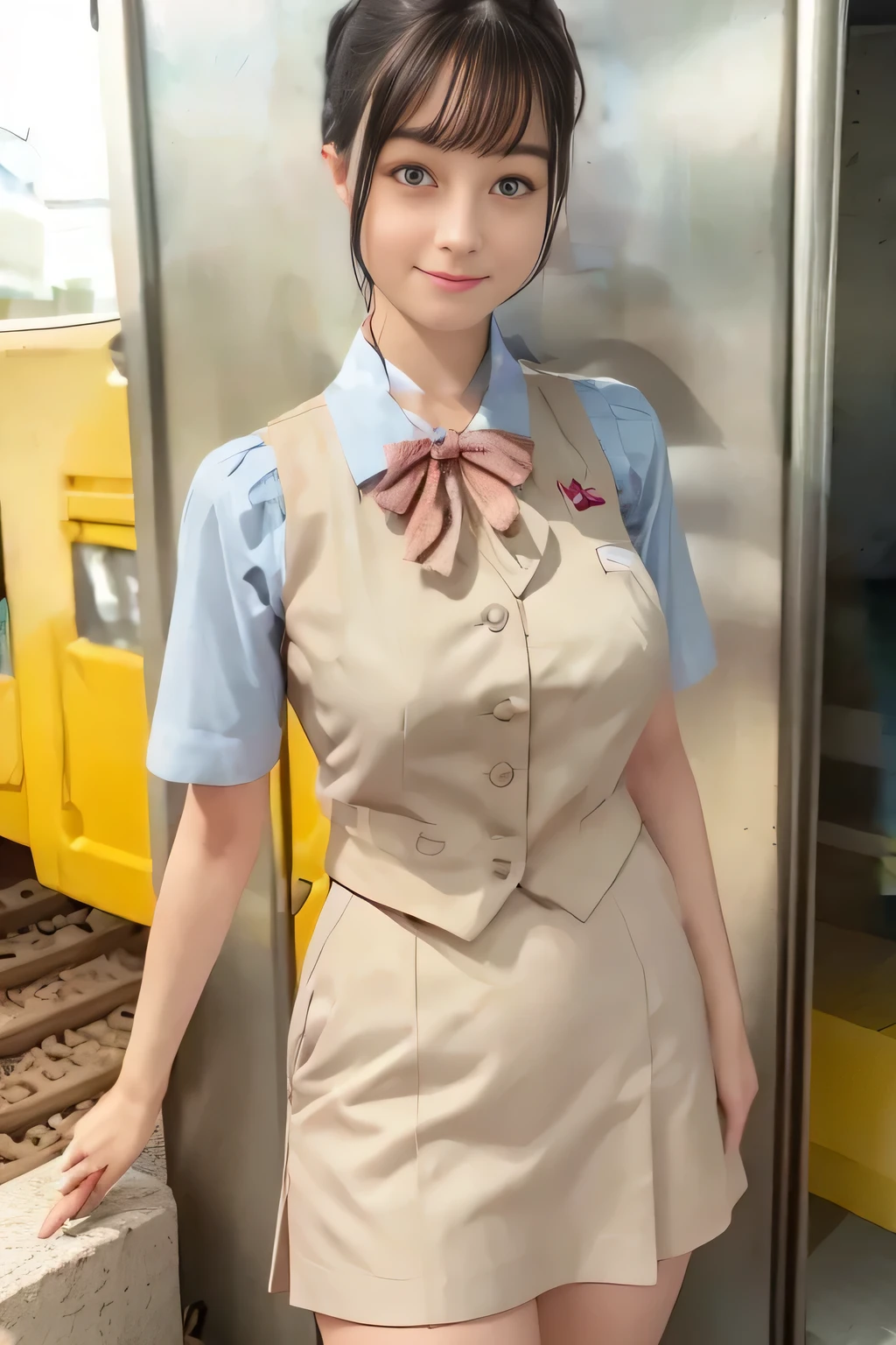 (masterpiece:1.2, Best Quality:1.2), 32K HDR, High resolution, (Alone、1 girl)、（On the roof of a building during the day、Professional Lighting）、Building rooftop background、（Real style of JR Woman wearing train crew uniform beige）、（（JR Female Train Crew Uniform Beige Light Blue Blouse Short Sleeve 、 Knee-length culottes skirt、Beige vest、scarf））、Dark brown hair、（Long Hair、Hair tied up、Hair tied up）、Dark brown hair、Long Shot、Big Breasts、Thin legs、（（Great hands：2.0）），（（Harmonious body proportions：1.5）），（（Normal limbs：2.0）），（（Normal finger：2.0）），（（Delicate eyes：2.0）），（（Normal eyes：2.0））)、smile、（JR Woman Train crew uniform beigeのKnee-length culottes skirtを見せた美しい立ち姿）、Hands down