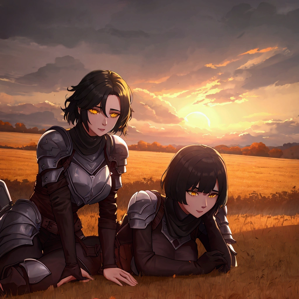 1.young woman, solo,  Dirty Knight Armor, Short hair Hair, blacklong bangs, yellow eyes, Patch on the right eye, wheat field, evening, orange sky, Yellow Sun, puddles, autumn, falling leaves, rain, clouds in the sky, steam from the mouth, sits on the ground, The knight&#39;s helmet and sword lie on the ground., black.Точность, Высокое качество.