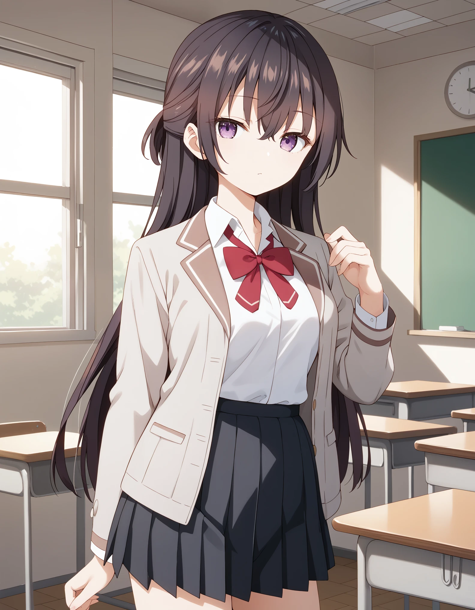 Masterpiece, hd, best quality, 1girl, yukisuou, long hair, bangs, brown hair, black hair, hair between eyes, purple eyes, half updo , medium breasts, shirt, bow, school uniform, jacket, white shirt, collared shirt,red bow tie, red bow, jacket, red bow tie, black skirt, pleated skirt, standing, indoor, classroom, looking at viewer, undefined, alone, cowboy shot