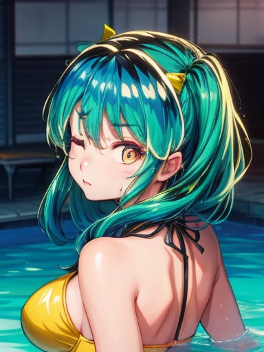 Invaders of Ram, 1 girl, late , one eye closed, shy, erotic expression, staring at viewer, big, wet, sweat, best quality, ultra high definition, maximum resolution, super detailed, anime, ass, girl, very cute, medium hair, green hair, hair ribbon, hairpin, colored eyes, yellow and black bikini, big ass, big breasts