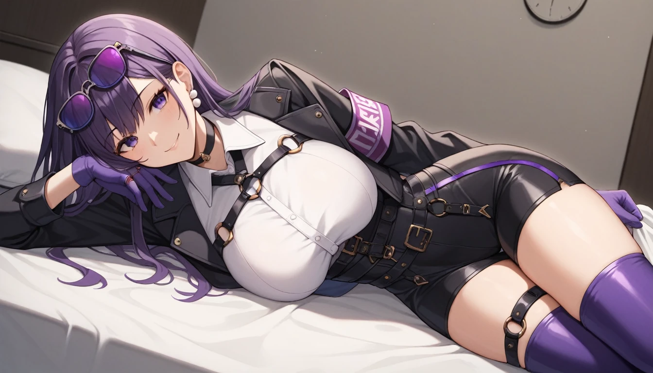 One Girl,Kafka, Purple eyes, Purple Hair, bangs, Side Lock, Put your glasses on your head, earring, White shirt, collared shirt, Long sleeve black jacket, Jacket on shoulders, Harness, Large Breasts, Purple gloves, black shorts, High Waist Shorts, Purple thigh straps, Tights Single Thigh High Boots,There are no students, Black choker, ring, Expose your shoulders, pearl earring, Armband,An anatomically correct masterpiece, 8k,(background,Sheets,Detailed),Captivating smile, Lying on one&#39;s back in bed,Overlooking, 