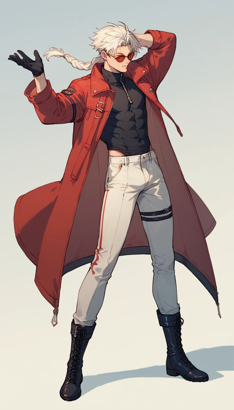 human Male ,Clear Skin , round Red SunGlasses , white hair,long braided ,zip Red Coat  , Black Gloves  , Black boots , Full body ,pose , Black shirt 