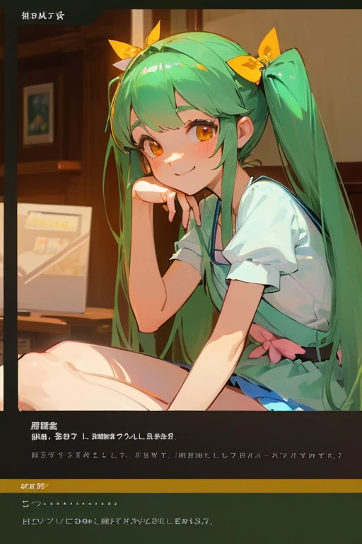 watch tv、girl eating potato chips、room、green hair color