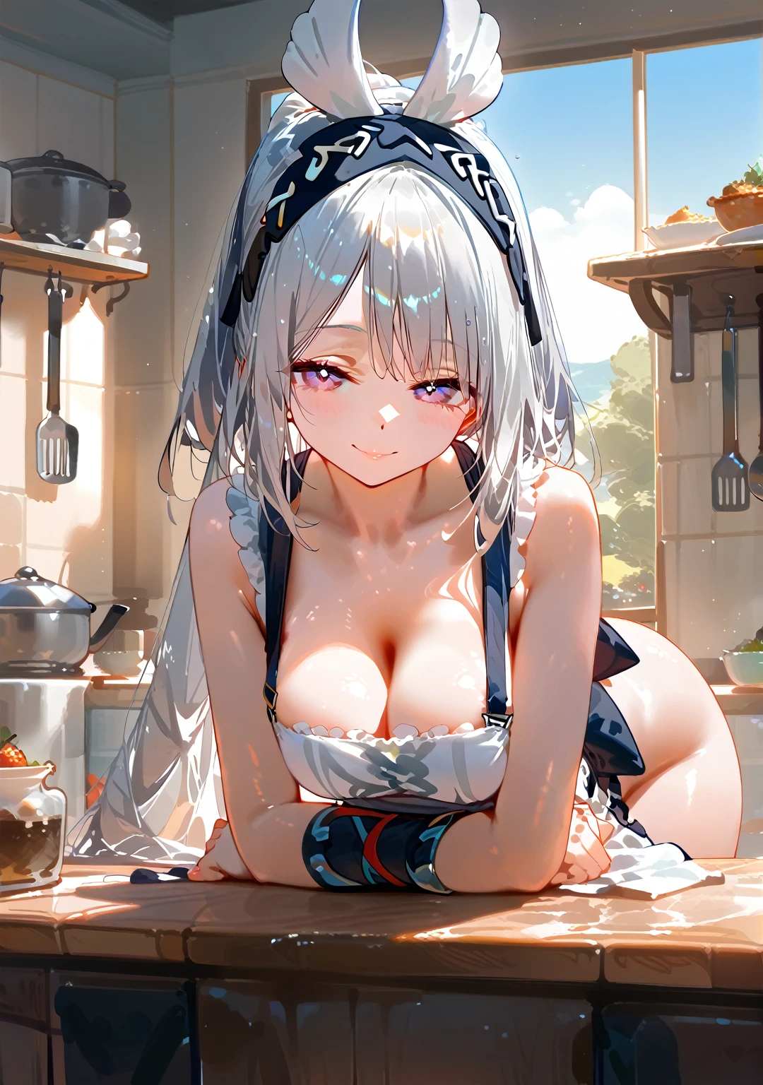 Highest quality, Highest quality, High quality illustrations, masterpiece, Ultra-high resolution, Detailed Background, Absurd, Perfect Anatomy, performance, Good lighting, Shadows in the movies, 1 girl, solo, mualani_\(genshin_impact\), alternate costume, medium breasts, collarbone, cleavage, perfect ass, naked apron, apron, white apron, ruffle apron, kitchen, windows, sunlight, indoors, light smile, light blush, leaning forward, breasts support on table, elbow support on table, head rest, head tilt, looking at viewer, from front, breasts focus, hair ornament, headdress, bewitching thighs, gleaming, shiny, shiny skin, shiny outfit, two beautiful legs