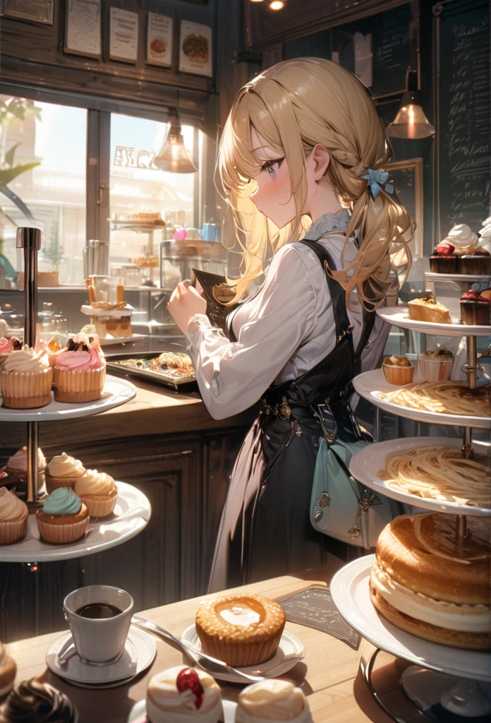 1girl, Yoimiya, school uniform, from behind, ass, inside coffee shop, cakes, sweets, comfy, embarrassed