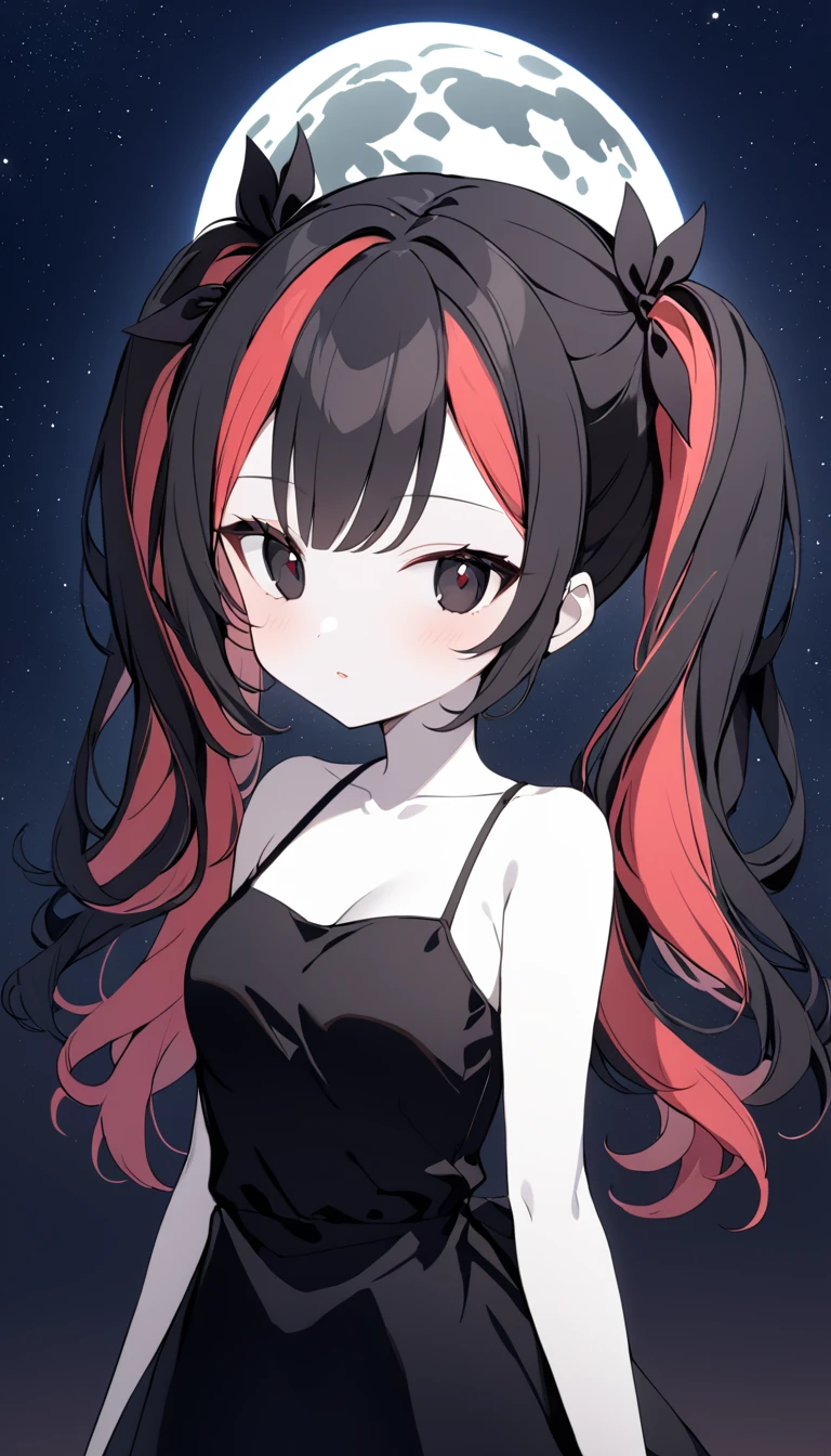 1 Girl, Medium Breasts, Raven Black Hair, Light Red Highlights In Hair, Twin tail Hair Style, Black Ribbons In Hair, Long Hair, Light Red And Black Eyes, Pale Skin, Smooth Skin, Soft Features, Nice Lips, Cute Face, Black Silk Dress, Full Moon Background, Night time, Starry Sky 