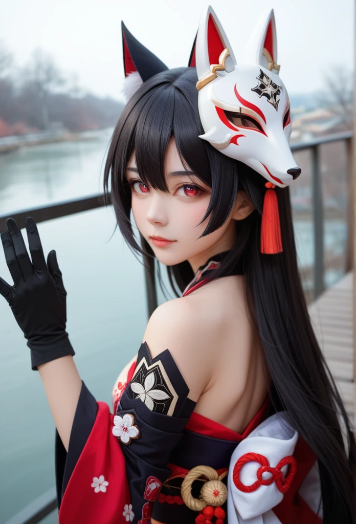 Long-range view, 1 girl,(sparkle \(honkai: star rail\),1girl,Alone,gloves,mask,japanese clothes,black gloves,bare shoulders) Long hair, Bangs between the eyes, straight hair, รอยยิ้มEvil, Evil, Red eyes, Multiple perspective view, Personal view, Fox Mask, Mask raised above the head, Half mask