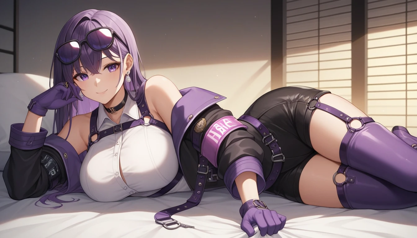 One Girl,Kafka, Purple eyes, Purple Hair, bangs, Side Lock, Put your glasses on your head, earring, White shirt, collared shirt, Long sleeve black jacket, Jacket on shoulders, Harness, Large Breasts, Purple gloves, black shorts, High Waist Shorts, Purple thigh straps, Tights Single Thigh High Boots,There are no students, Black choker, ring, Expose your shoulders, pearl earring, Armband,An anatomically correct masterpiece, 8k,(background,Sheets,Detailed),Captivating smile, Lying in bed,Bird&#39;s-eye view, 