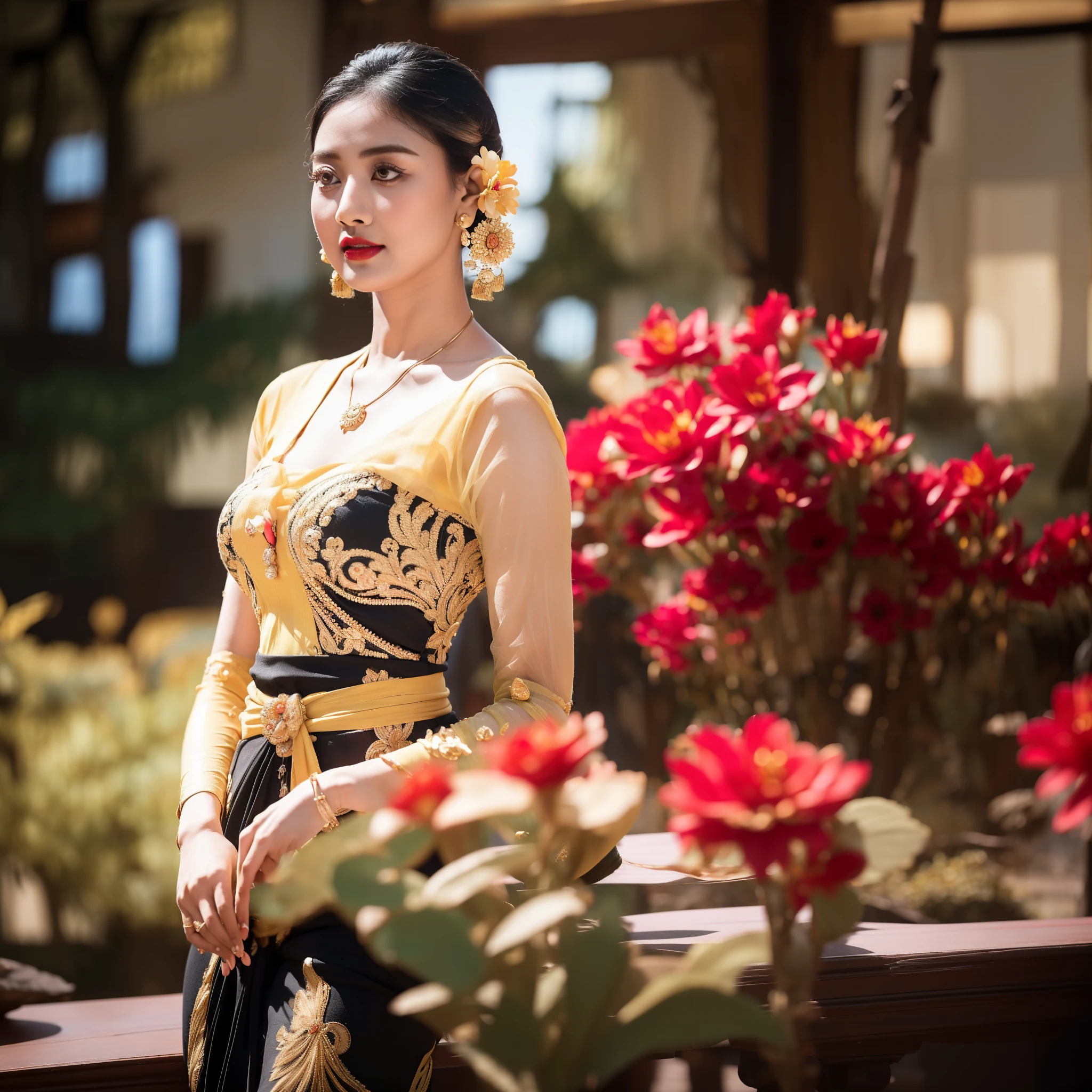 1 woman, full body, photography, masterpiece, 8k, ultra detail, hyper realistic, gadis_jelita, portrait of woman wearing kebaya_bali in black long kebaya dress traditional, red lipstick, golden necklace, earrings, ornate, detail, flowers, blurry background, soft focus