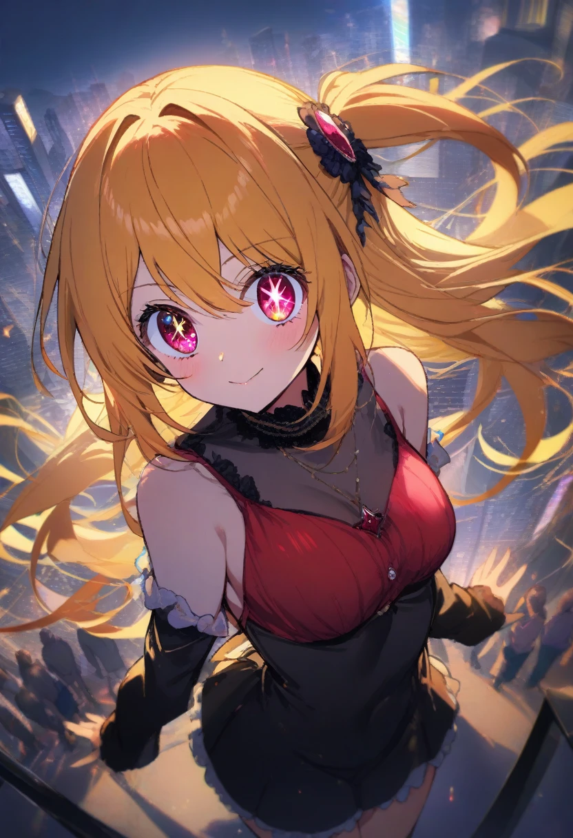 (Perfect Face, Detailed face, Beautiful Eyes,Perfect hands,Perfect Fingers)、Red face、((vapor))、hot、((konjiki no yami, ph Yami))、Maternal, Foot, alone, 1 Girl, Blonde Hair, Red eyes, Long Hair, Black hair ornament, Big eyes, Masturbation,A flushed expression、Dirty face、Grin、 (masterpiece:1.2, Highest quality), (細かくてBeautiful Eyes: 1.2), (Beautiful and dense face), (Sharp facial hair between the eyes)、Black lace dress、Underwear is visible、12 years old, Grinding, Transparent panties、Large Breasts、Neon lighting、Looking up