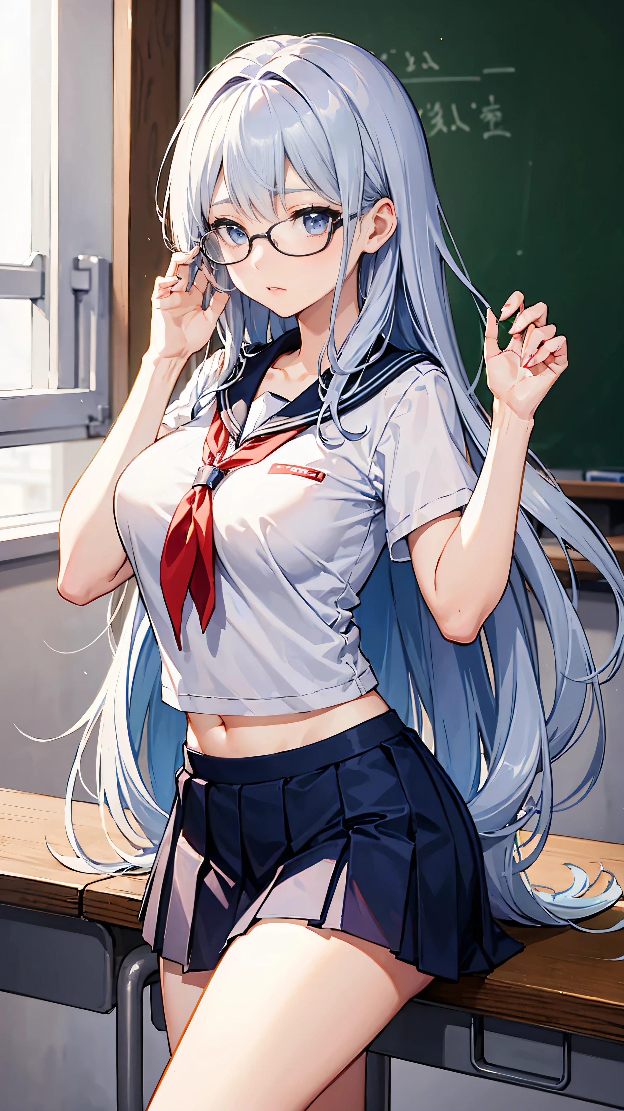 A school girl wearing glasses is dancing, show off nipples under white shirt, pleated mini skirt,ponytail hair, show panty