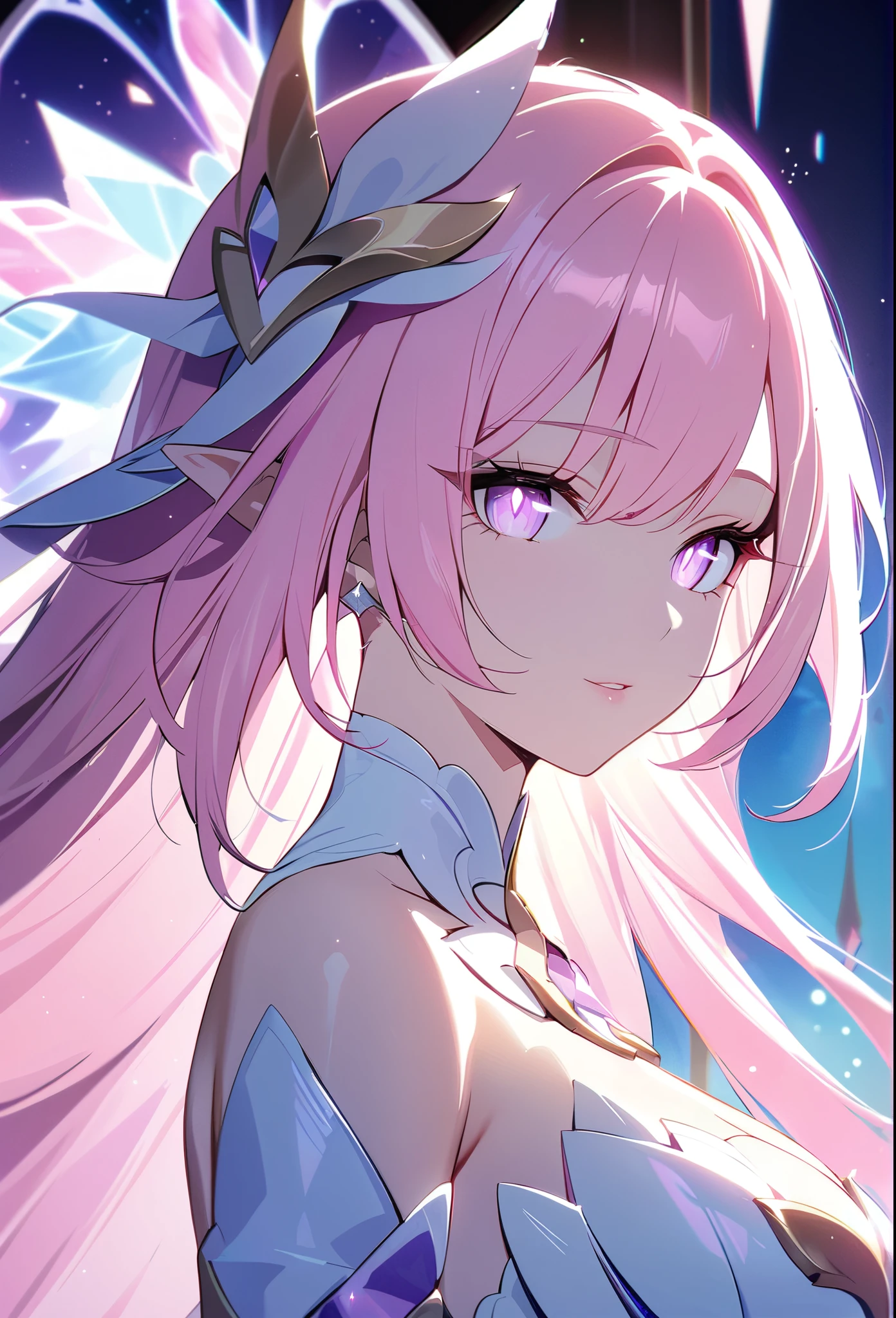 ((Shattered stained glass portrait)),very aesthetic,1girl,elysia_/(herrscher_of_human:ego/)_/(honkai_impact/),gracefully breaking through stained glass,pointed_ears,pink_hair,dreamy anime fantasy,wearing simple plain white WRAP gown,very long hair,ultra-detailed,body details,delicate,soft color palette,elegant,effects of light and shadow,holy and divine,peaceful,serene,soft sunlight filtering through colored glass,MUTLICOLOR IRIDESCENT STAINED GLASS BACKGROUND,impeccable,transcendent beauty,awe-inspiring artwork,anime art style,perfect breasts,pale purple eyes with pink slit pupils,mature adult woman,holy mother,(realistic:.25),watercolor,narrow waist, slender shoulders,feminine beauty,raytracing,light purple eyes,dsmile,celestial,intricate,long eyelashes,goddess,(best quality,4k,8k,highres,masterpiece:1.2),mihoyo,full body