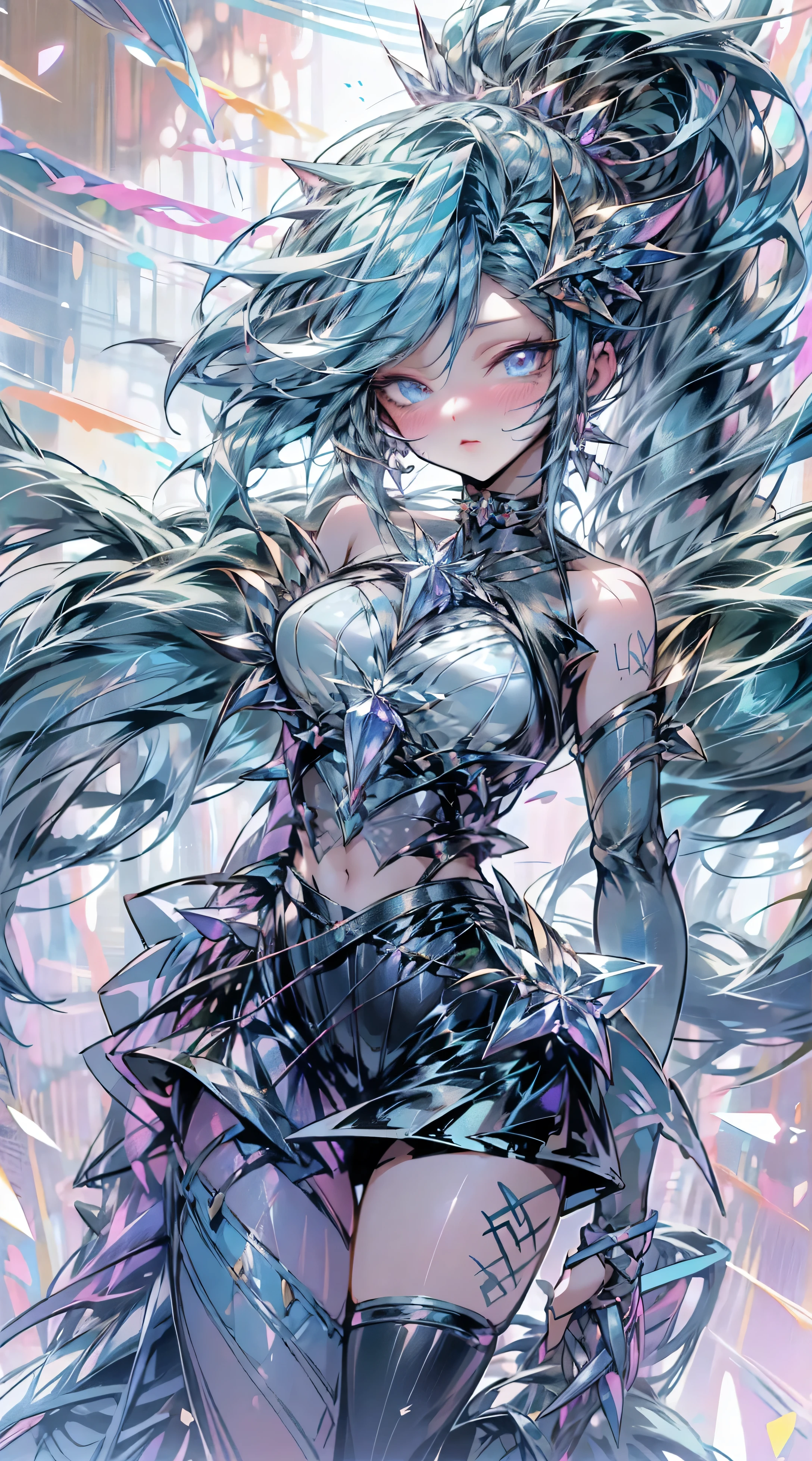 1 girl,(masterpiece,quality,best qualityer,water彩)(Moderate),Official Art,Beauty and aesthetics:1.2),(1 Girl:1.3),(Fractal Art:1.3),Upper part of the body,from the side,Looking at the audience,Patterned,(Rainbow Hair,rich and colorfulhair,Half blue half pink hair:1.2),water,liquid,cloud,rich and colorful,Starry Sky,Starry Sky,Star,Close-up cleavage,大Eye睛,Eye,复杂的Eye睛,Unique students,Unusual student,Starry Sky,background中的Star,Shining halo,((Ultra Detail视网膜:1.5)),Awkward,(On your belly),((极其细致的Eye睛:1.5)),((Very detailed CG Unity 8k wallpaper,masterpiece,Best quality)),((Ultra Detail:1.5)),(Best lighting,the darkest,Extremely exquisite and beautiful),(Extremely detailed CG unity 8k wallpaper,masterpiece,Best quality,Ultra Detail),(Best lighting,the darkest,Extremely exquisite and beautiful),(Perfect body:1.5),(masterpiece),Amazingly surreal,Abstract imagination, Dynamic Movement,The art of math,Away from the world,Color Burst,Explosive Energy,The beauty of chaos,(1 number - gender unknown),(hair flow:1.2,Hair Glow),(Body distortion:1.5,Face blurred by body fragments:1.2,Half hidden),(background:Fragmentation,Fragmentation,Fragmentation),(Optics:Flash,pulsation,Heat dissipation)。(Long legs,Long legs,Long legs,Gestalt),full-body shot。Standing